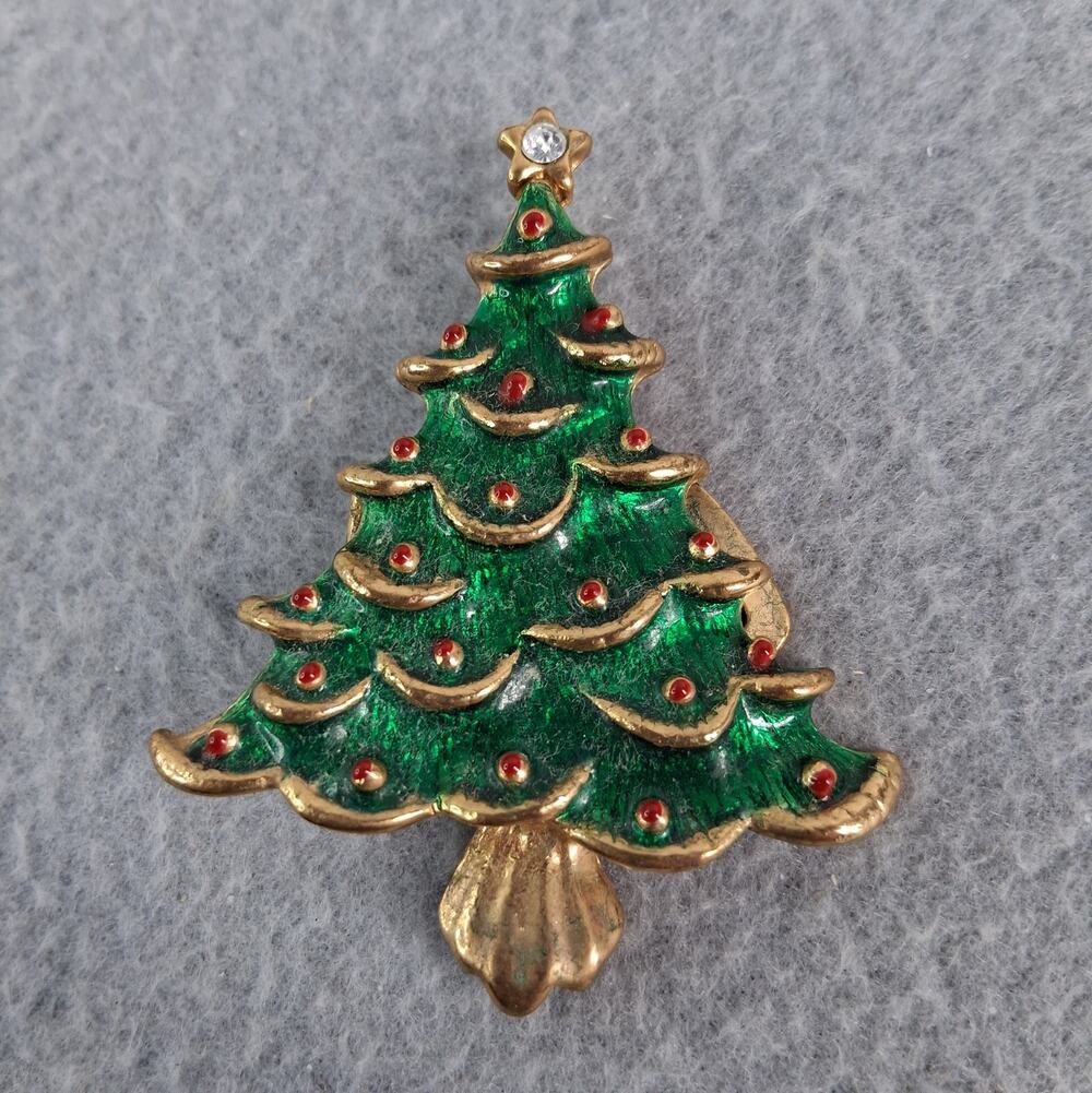 Christmas Tree Scarf Cape Clip Vintage Gold Tone Green Holiday